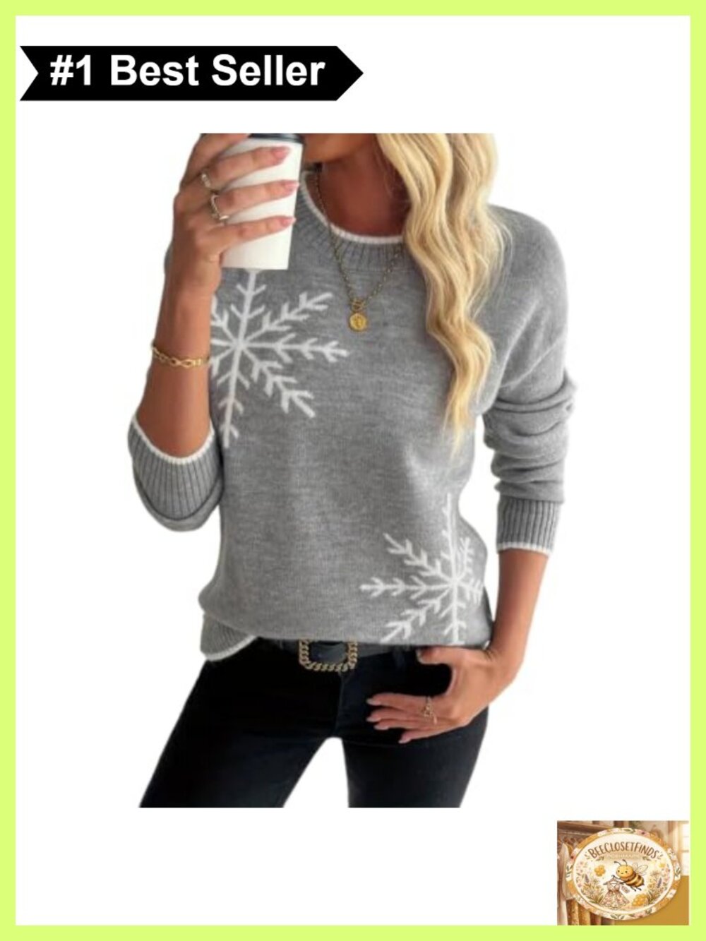 Snowflake Print Crewneck Knit Sweater Loose Fit Pullover Fall Winter